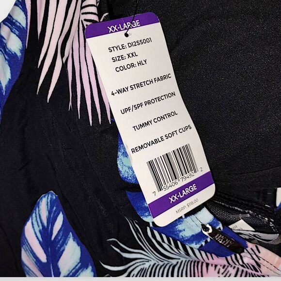 DKNY Womens Swimsuit Sz XXL Floral Navy Halter Tie High Cut Legs Ruched Tummy NW - Picture 7 of 8